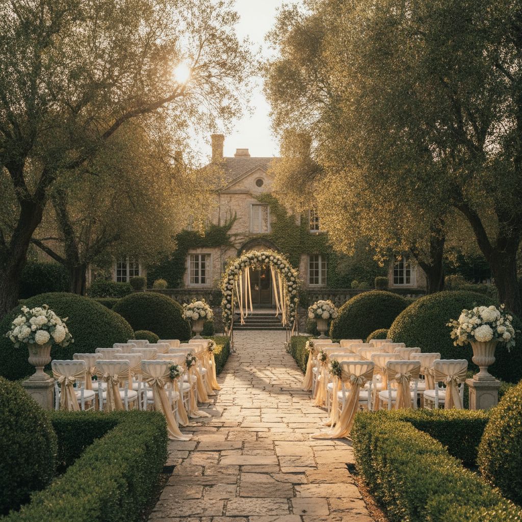 A manicured estate garden ceremony setting with soft natural light
