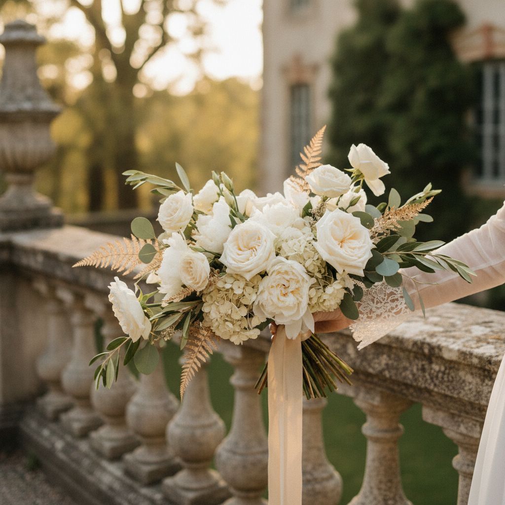 A romantic floral arrangement in whites, creams, and soft sage tones
