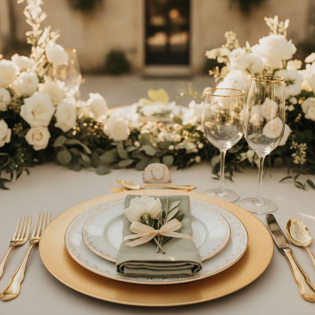 An elegant garden-estate reception tablescape with fine linens and floral centerpieces