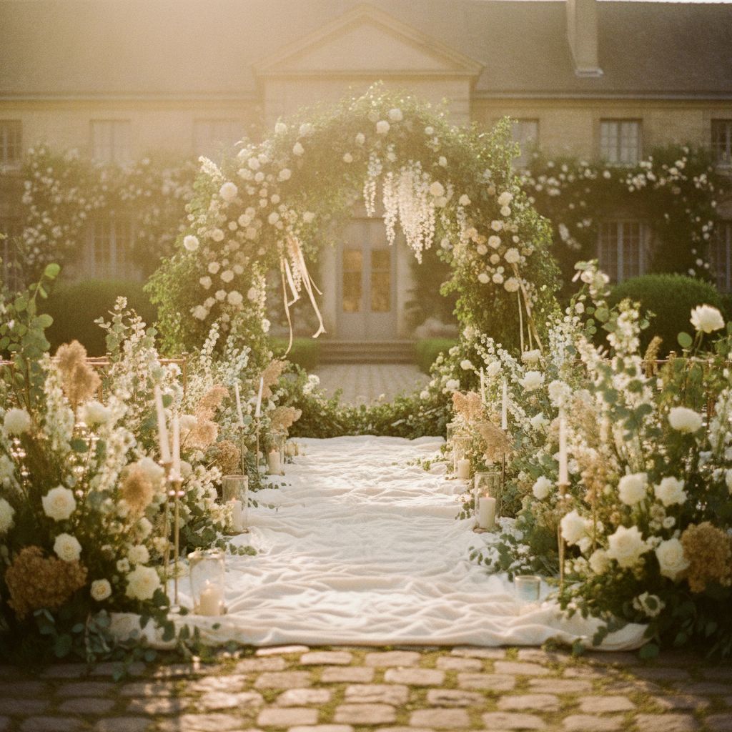 A softly lit ceremony aisle lined with greenery leading to an elegant arch at a garden estate